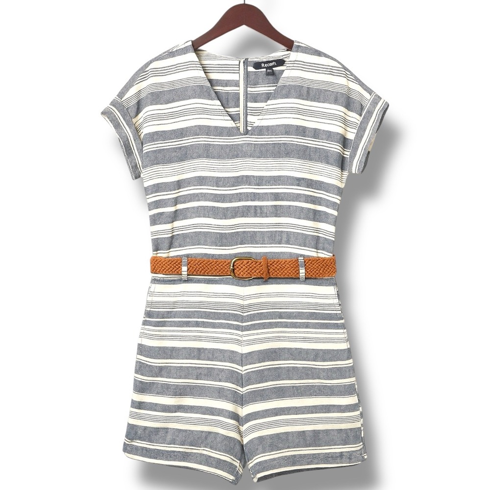 Madewell Womens‎ Linen Blend Romper S Blue White Striped No Belt Coastal Resort